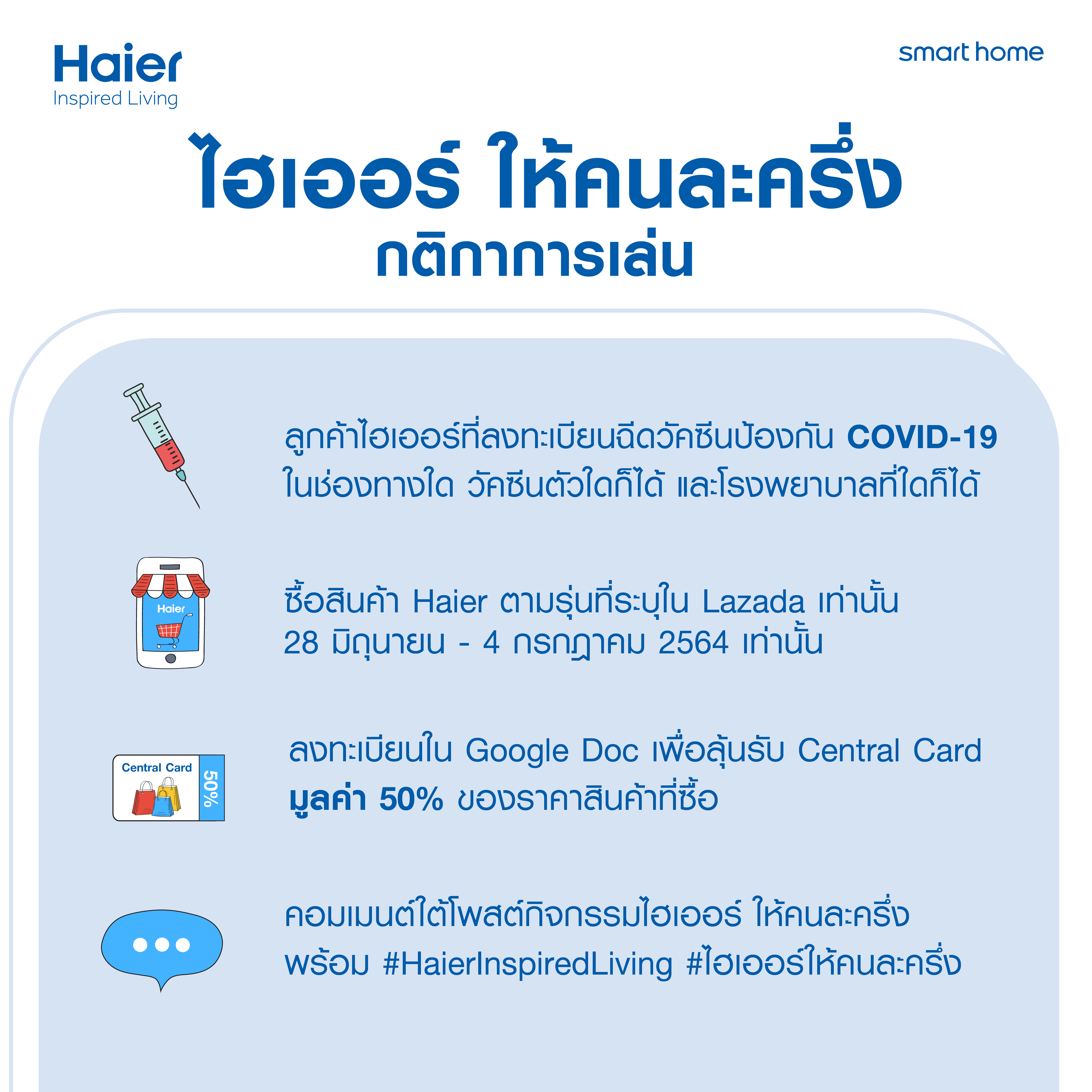 “ไฮเออร์ ให้คนละครึ่ง”  ลงทะเบียนฉีดวัคซีนวันนี้ ลุ้นรับ Central Card มูลค่าครึ่งหนึ่งของสินค้า!